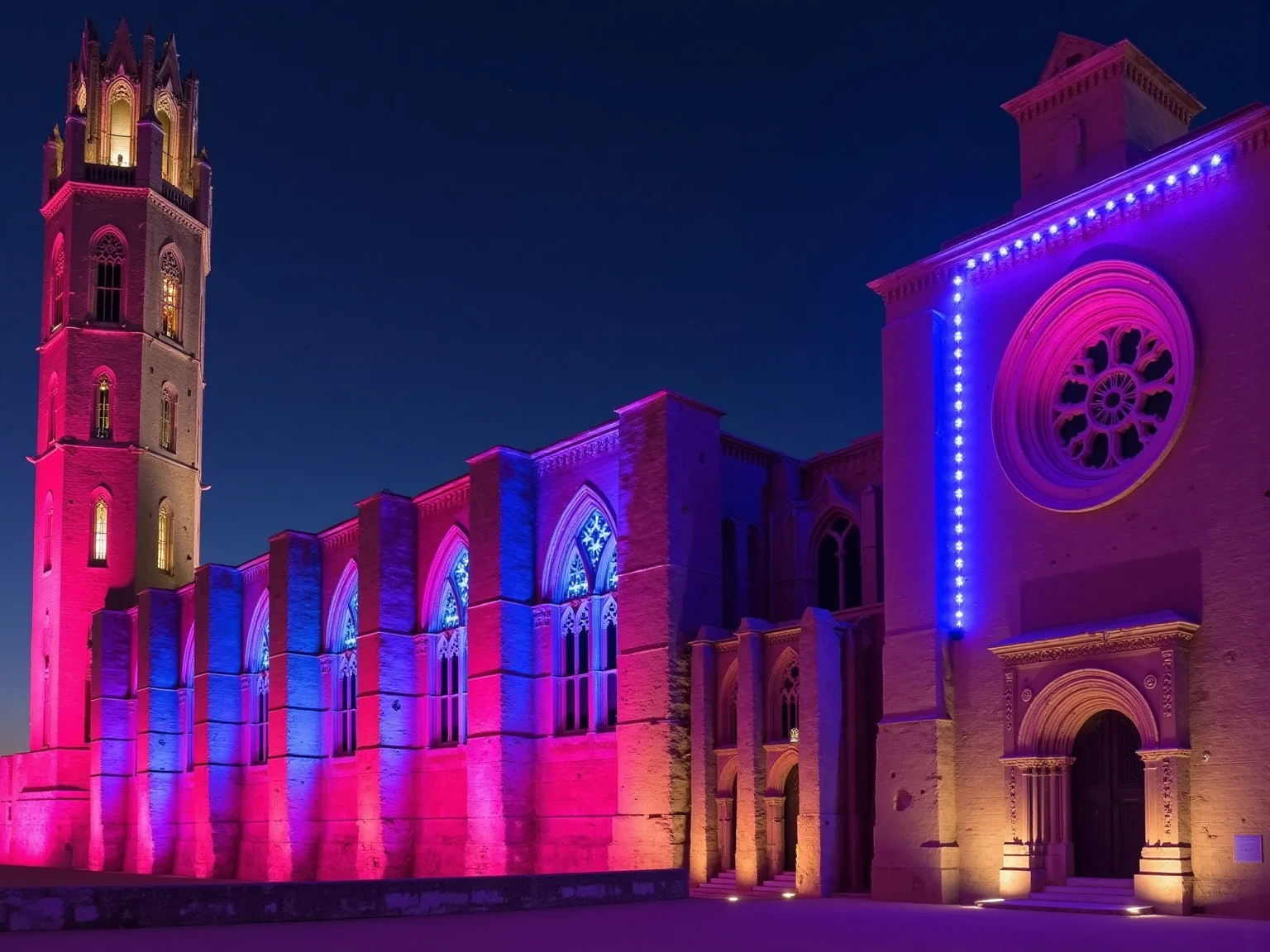 The Seu Vella cathedral transformed into a vibrant nightclub, with colorful lights streaming out through all its windows, casting neon hues across the ancient stone walls. Outside, neon lights wrap around the cathedral’s arches and spires, creating a striking, electric glow against the gothic architecture. The scene is ultra-realistic and cinematic, capturing the contrast between the historic structure and the modern, club-like ambiance. Pulses of purple, blue, and pink light radiate from within, illuminating the surroundings and giving the cathedral a lively, energetic atmosphere.