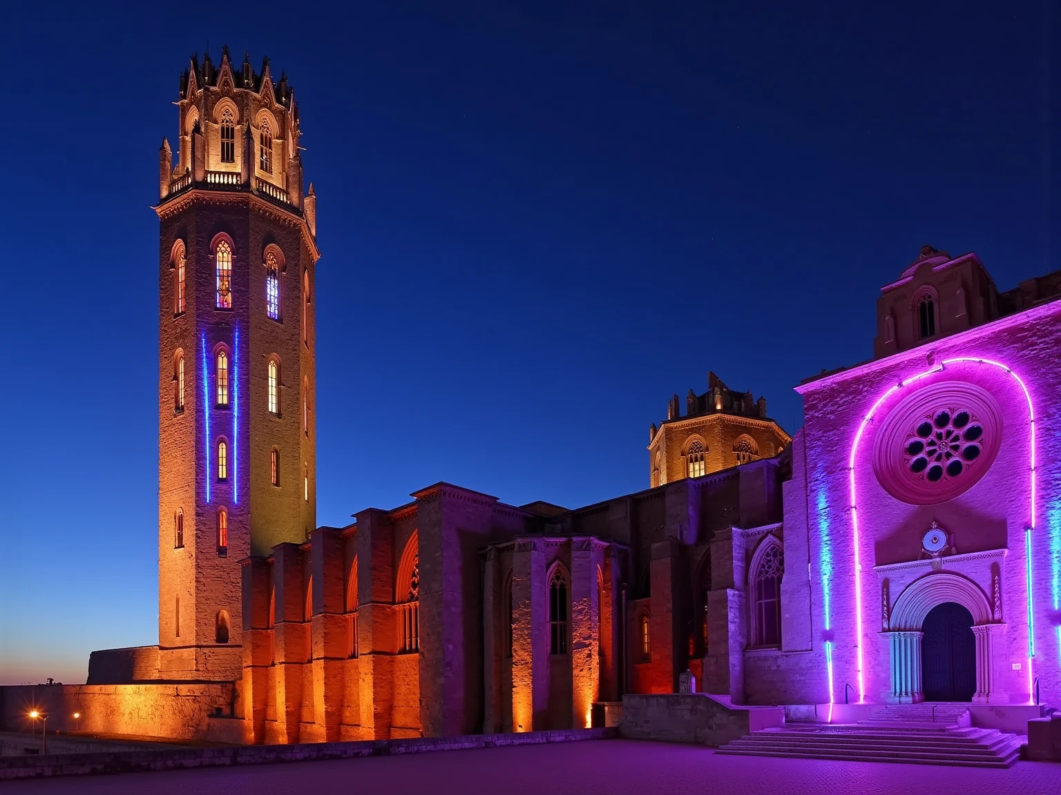 The Seu Vella cathedral transformed into a vibrant nightclub, with colorful lights streaming out through all its windows, casting neon hues across the ancient stone walls. Outside, neon lights wrap around the cathedral’s arches and spires, creating a striking, electric glow against the gothic architecture. The scene is ultra-realistic and cinematic, capturing the contrast between the historic structure and the modern, club-like ambiance. Pulses of purple, blue, and pink light radiate from within, illuminating the surroundings and giving the cathedral a lively, energetic atmosphere.