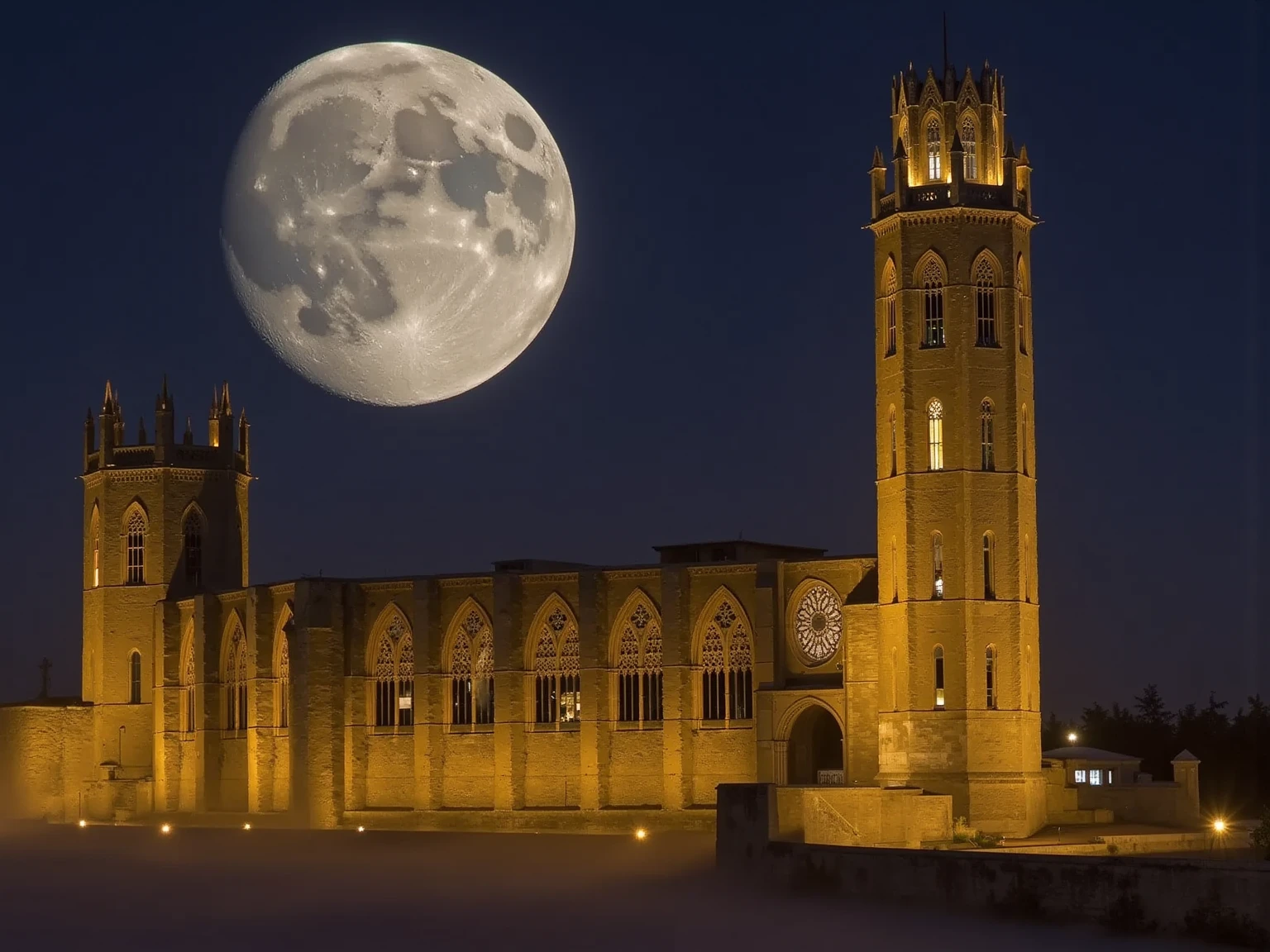 The Seu Vella cathedral adorned with countless Christmas lights, casting a warm and festive glow over its gothic architecture. A thick layer of mist surrounds the base of the cathedral, adding an ethereal and mysterious quality to the scene. Above, a massive, ultra-realistic full moon looms, illuminating the night sky with soft silver light that enhances the intricate details of the stone structure. The combination of sparkling holiday lights, dense fog, and the majestic full moon creates an immersive, cinematic, and enchanting atmosphere around the cathedral