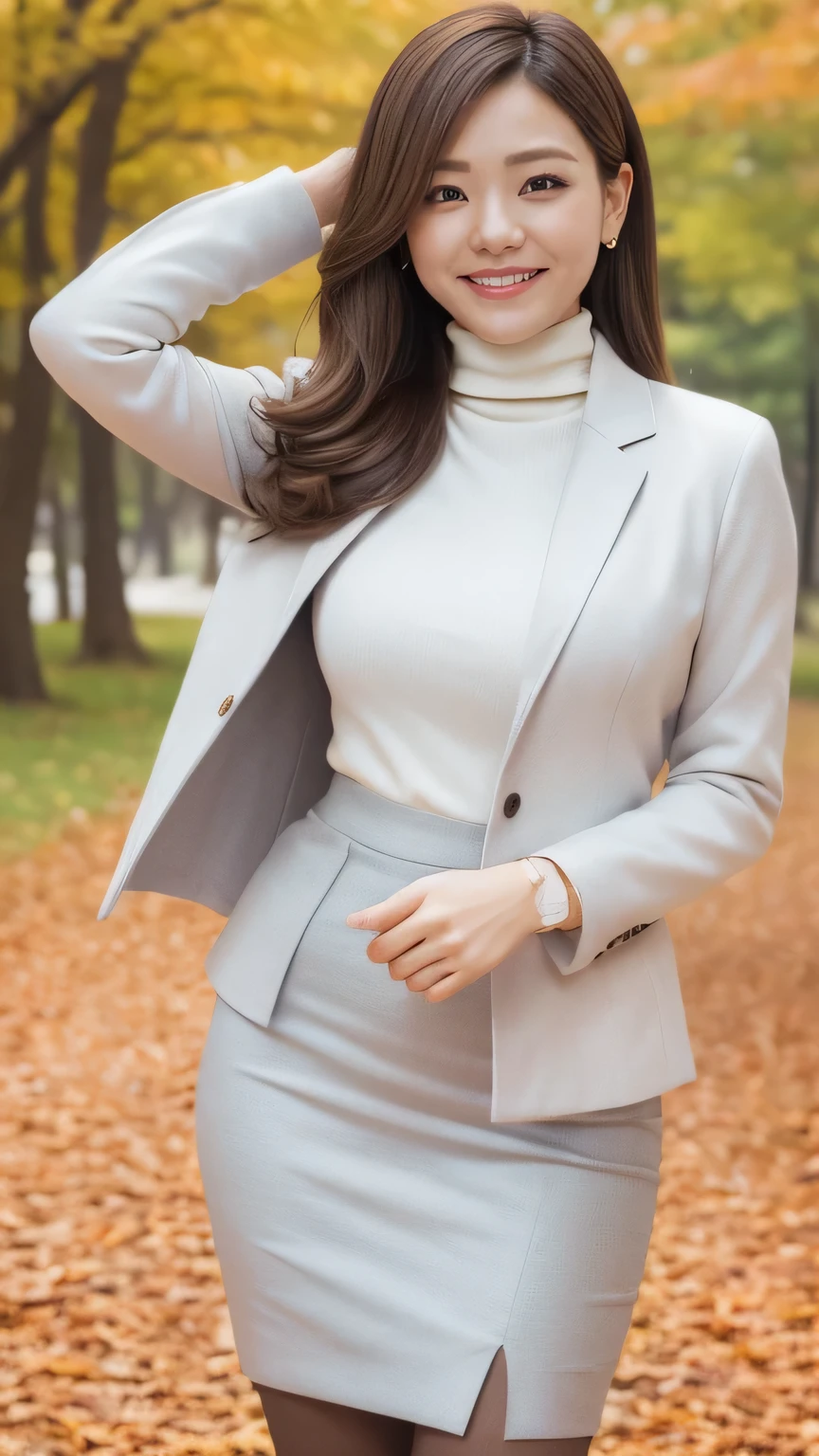  highest quality 、8k、masterpiece、  ultra high resolution 、Clear Photo、  PROFESSIONAL LIGHTING  、Natural Light、Realistic、 High Definition Skin、  perfect anatomy、 one woman、Age 30、baby face:1.8、Large Breasts、blonde、Beautiful Hair、Bob Hair、smile、(Tight Suit、 gray jacket 、 White Turtleneck Knit 、 Pencil Skirt 、pantyhose)、((Autumn park、 lots of fallen leaves ))、Standing and posing sexy、((( full body shot:1.3、 looking at the camera)))