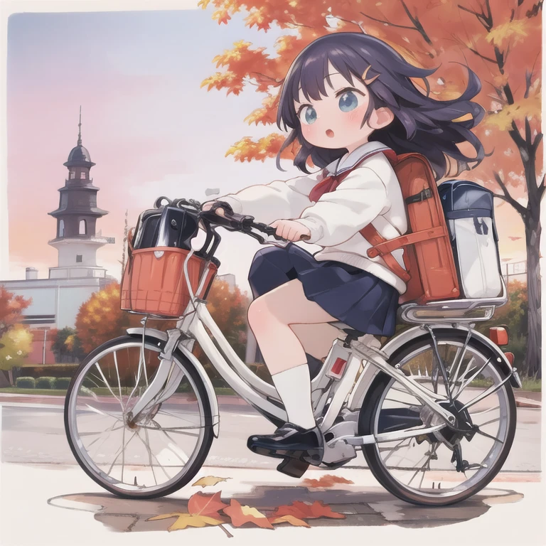 (masterpiece,  ultra high resolution，Best Quality:1.2), reality、  Very short tall  ， By bicycle，Alone、   female middle school student ， Winter clothes、 fluttering skirt， positive，whirlwind，Autumn leaves，Kawabe at dusk in autumn、Beautiful sunset，