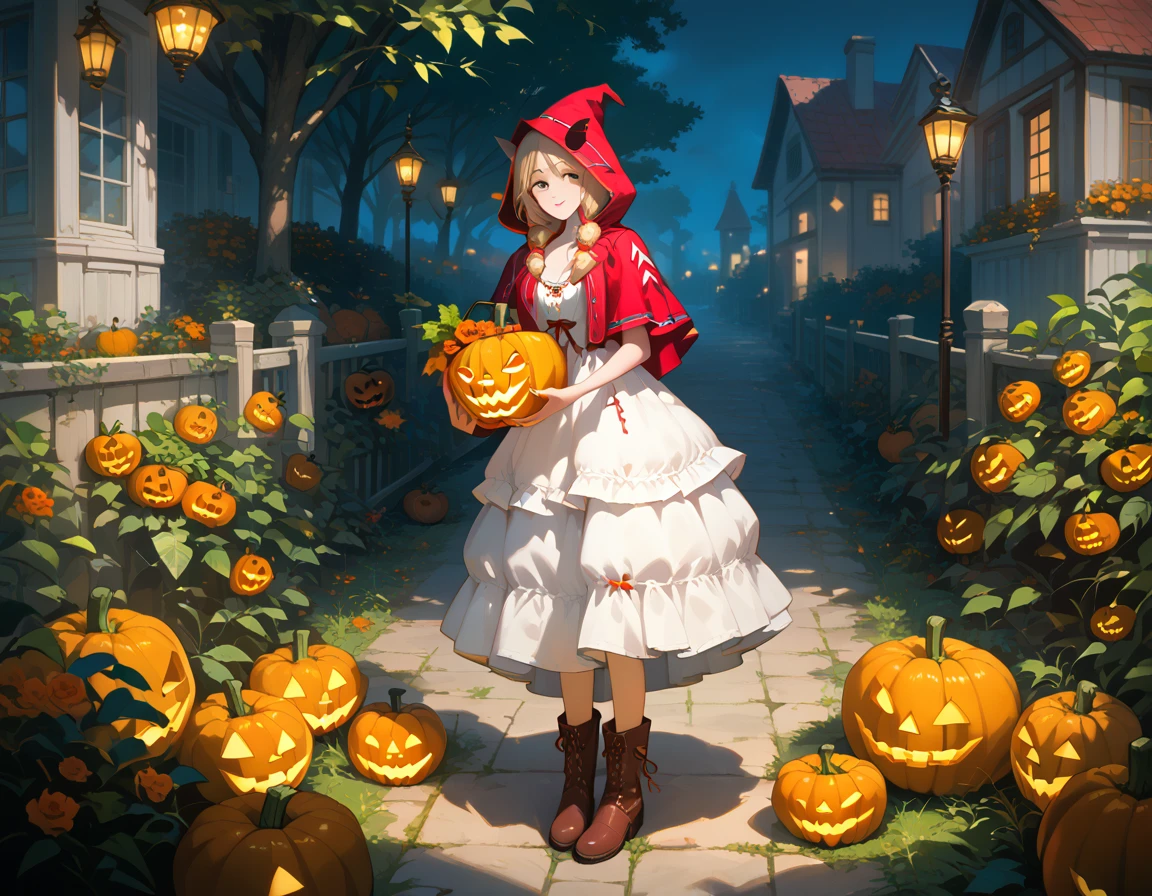 ( high resolution,,)（Vegetable garden）（Full body view） 1girl(  Country Dress,Red Hood,boots） ((holding　Jack o lantern))