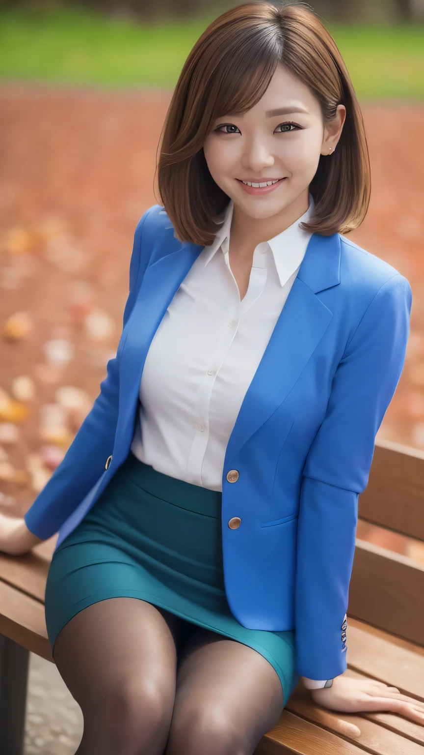  highest quality 、8k、masterpiece、  ultra high resolution 、Clear Photo、  PROFESSIONAL LIGHTING  、Natural Light、Realistic、 High Definition Skin、  perfect anatomy、 one woman、Age 30、*********:1.8、Large Breasts、blonde、Beautiful Hair、Bob Hair、smile、(Tight Suit、 dark blue jacket in front of the photocopier、V-neck shirt、 cleavage、 Pencil Skirt 、pantyhose)、((Autumn park、 lots of fallen leaves 、Sit on a bench))、((( full body shot:1.3、 looking at the camera)))