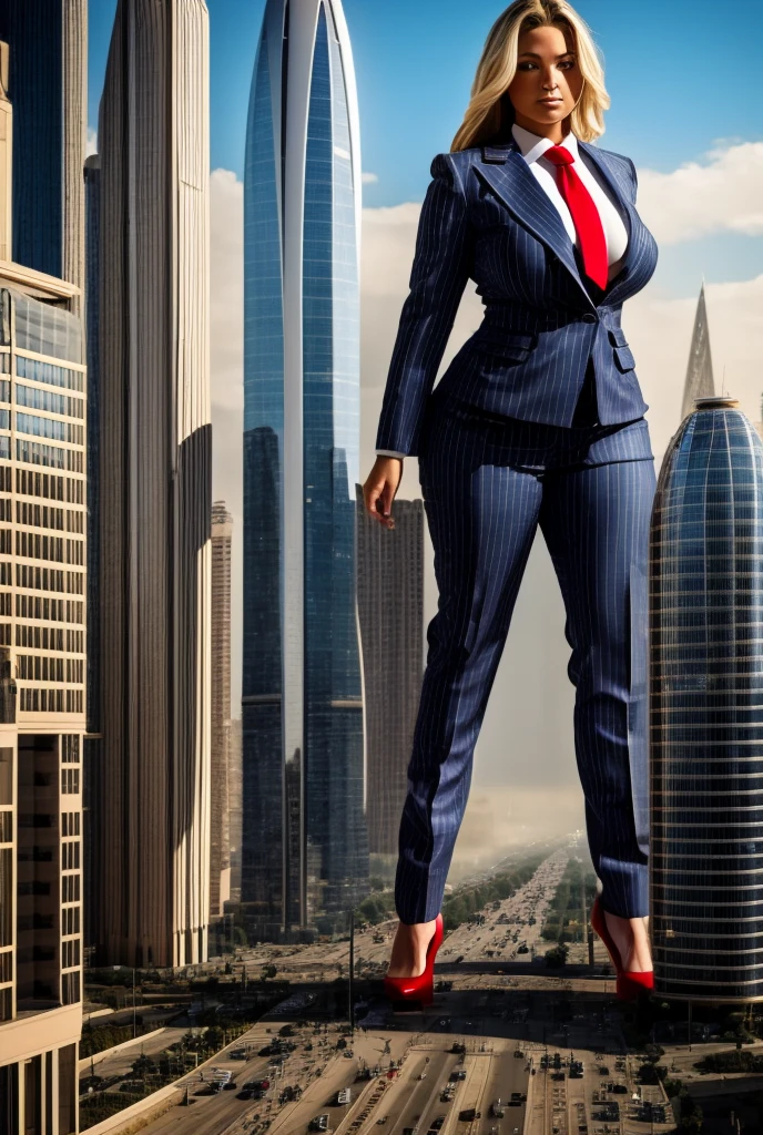 A sophisticated and stylish woman in a grey pinstriped trouser suit, white shirt, and a large wide necktie in a windsor knot, with a beautiful, curvaceous figure, massive breasts, and long blonde hair, with a curvaceous figure and massive breasts. wearing red rounded platform high heels with uncovered feet and standing, rampage-like pose, with a cityscape background of mega-city, urban sprawl, and small towns, partially obscured by a hazy, cloudy atmosphere. The image is a high-resolution, masterpiece-quality, cinematic, ultra-detailed, and hyper-photorealistic photograph, with perfect hands, face, and lighting. ultra-detailed, 8K, photo-realistic, hyper-realistic, masterpiece, intricate details, full body view. Looking at camera, The image is a high-resolution, masterpiece-quality, cinematic, ultra-detailed, and hyper-photorealistic photograph, with perfect hands, face, and lighting. ultra-detailed, 8K, photo-realistic, hyper-realistic, masterpiece, intricate details, full body view