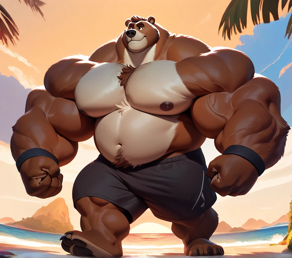 huge muscular kodiak bear in Tropical island beach, big grr, kodiak bear, huge brown fur, thick arm, huge arm, huge white fur, thick arm, huge arm, added brown mustache, added brown beard, short hair, height: 220cm, weight: 440lbs, (veiny bulked up muscular, pectoral, wide pectoral, thick bulky arms), Walt Disney 2D Zootopia Animation Art Style, detailed light brown eyebrows, detailed eyes with red pupils, (wearing black shorts, wristbands, shirtless, topless and feet), bouncing his pecs, flexing his biceps and his thorax