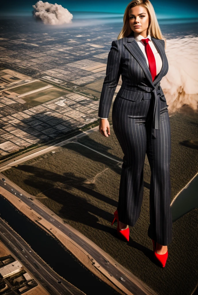 A sophisticated and stylish woman in a grey pinstriped trouser suit, white shirt, and a large wide necktie in a windsor knot, with a beautiful, curvaceous figure, massive breasts, and long blonde hair, with a curvaceous figure and massive breasts. wearing red rounded platform high heels with uncovered feet and standing, rampage-like pose, with a cityscape background of mega-city, urban sprawl, and small towns, partially obscured by a hazy, cloudy atmosphere. The image is a high-resolution, masterpiece-quality, cinematic, ultra-detailed, and hyper-photorealistic photograph, with perfect hands, face, and lighting. ultra-detailed, 8K, photo-realistic, hyper-realistic, masterpiece, intricate details, full body view. Looking at camera, The image is a high-resolution, masterpiece-quality, cinematic, ultra-detailed, and hyper-photorealistic photograph, with perfect hands, face, and lighting. ultra-detailed, 8K, photo-realistic, hyper-realistic, masterpiece, intricate details, full body view