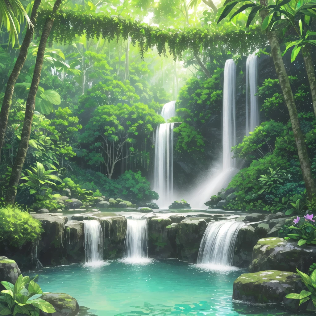 Create a photorealistic masterpiece in 8K UHD that captures a lush tropical waterfall cascading into a tranquil pool. Frame the scene with dense, vibrant green foliage, immersing the viewer in a rich forest environment. Sunlight streams through the canopy, illuminating the sparkling water of the waterfall and highlighting the emerald plants and mossy rocks.

In the crystal-clear pool, depict a beautiful Caribbean mixed woman swimming gracefully. She has striking clear grey eyes and a high wavy bun, showcasing a playful wink and a gentle blush on her cheeks. Emphasize her wet clothes, hair, and face, incorporating the Tyndall effect, lens flare, shade, and bloom for added depth. Use natural lighting, hard focus, and film grain to enhance the image quality, as if photographed with a Sony a9 II Mirrorless Camera by Laurence Demaison.

Her flowing hair glimmers in the sunlight, creating gentle ripples in the water. The colors should be rich and saturated, with deep greens and aquamarine hues, complemented by soft golden highlights reflecting off her wet skin. The overall atmosphere should be peaceful and enchanting, evoking a sense of tranquility and wonder in this idyllic setting.