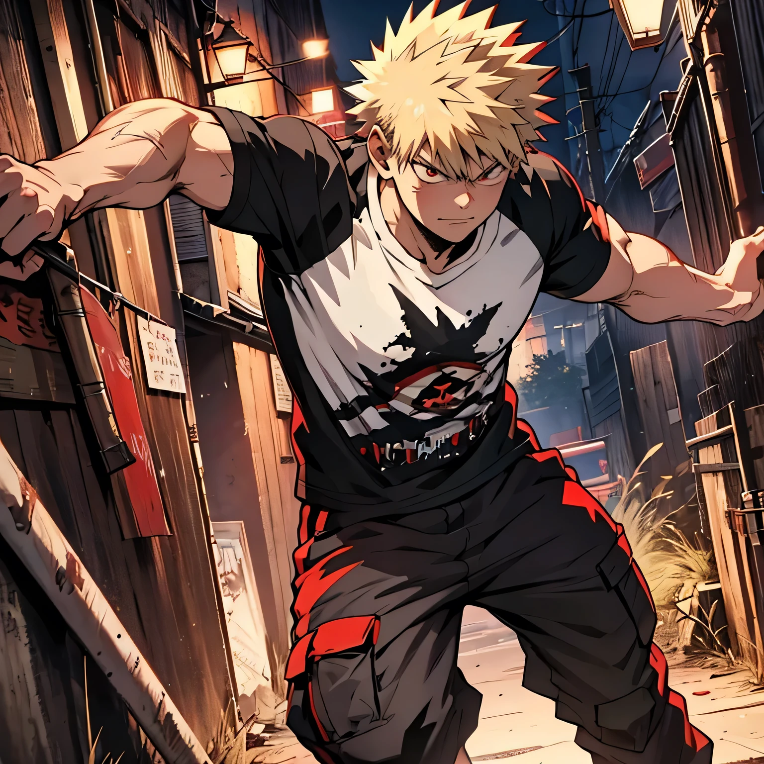 [alone, Katsuki Bakugo] [mature, muscular: 0.5] [red eyes, blonde spiky hair, scar on left cheek, scare on right side of chest] [t-shirt, cargo pants, punk style] [night time] [detail face, detail hand] [dynamic angles, dynamic pose]