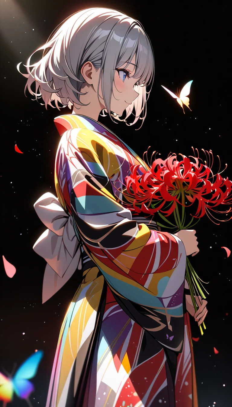 masterpiece, Best Quality , Kampala ,  Details, Illustration, (  black background:1.2),  Ray Tracing, knight , (:1.2), (Spider Lily:1.2), butterfly , petal, Particles of light,  cowboy shot,  1 girl, Alone,  Holding Flowers , ( colorful kimono:1.2), Grey Hair, Urgent 1