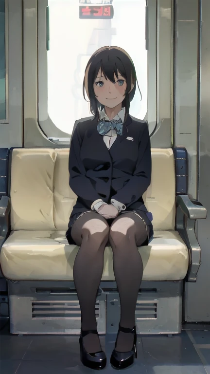  Exquisite illustrations, Best Quality, masterpiece、幸せなsmile、 slender、 sits on a train chair、 seen from the front、Put your hands forward, double piece、smile,  embroidered panties  、 long black hair 、Gray office suit、 tight miniskirt 、  High Heels 、Full body painting、flesh-colored pantyhose