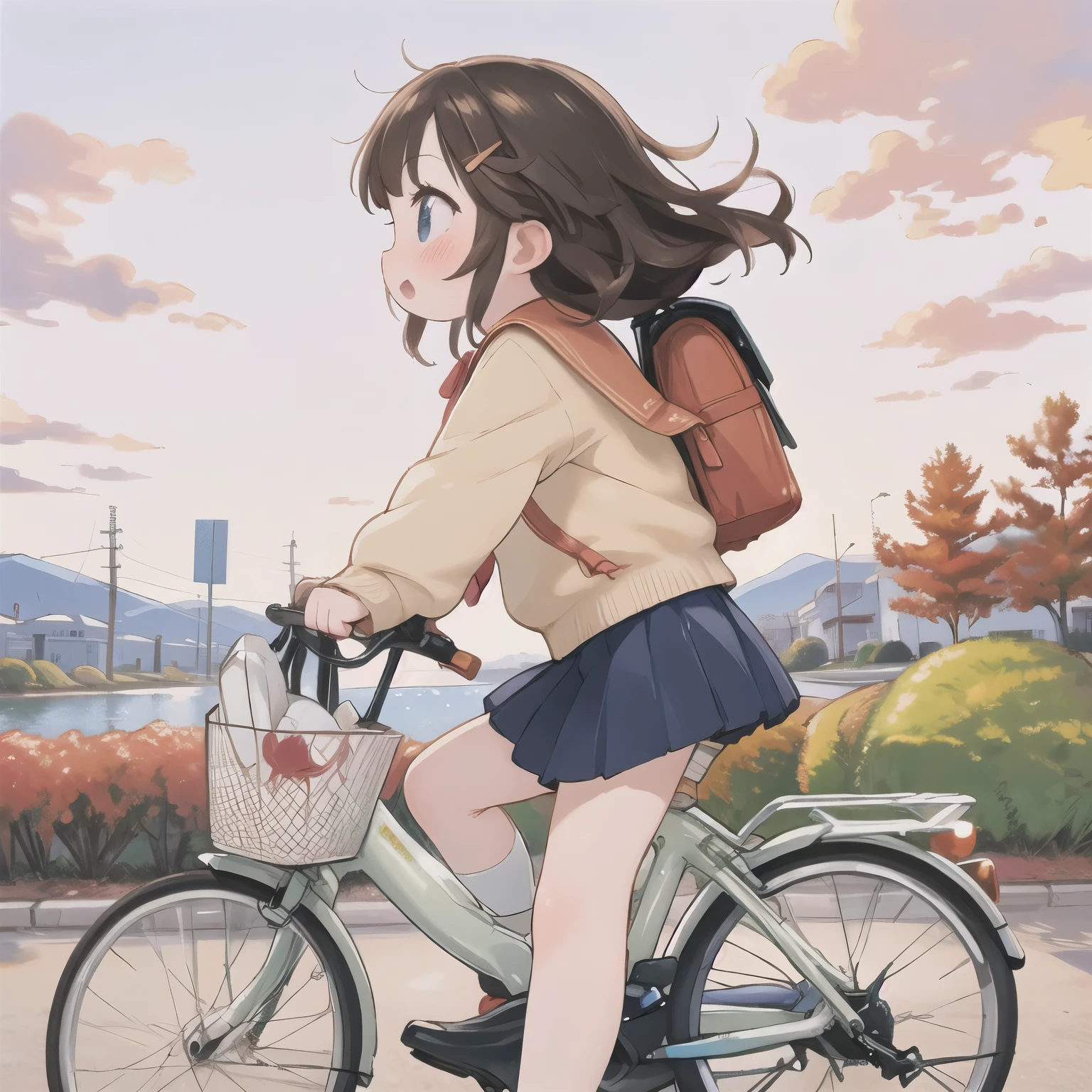 (masterpiece,  ultra high resolution，Best Quality:1.2), reality、  Very short tall  ， By bicycle，Alone、  female middle school student ， Winter clothes、 fluttering skirt， positive，whirlwind，Autumn leaves，Kawabe at dusk in autumn、Beautiful sunset，