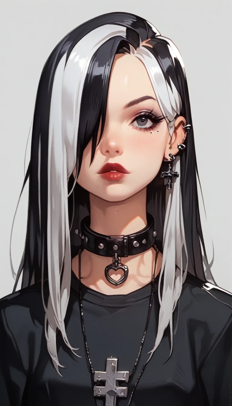 score_9, score_8_above, score_7_above, gothic girl, gothic girl 1girl 1girl, Alone, long hair, looking at the viewer,  simple background ,  black hair , jewelry,  white hair ,  Multicolored hair , choker,  black eyes , gray background, collar, (hair over one eye), two-tone hair, cruz, portrait, UHD, Retina, masterpiece, Accurate, anatomically correct, textured skin, Super detail, high details,  high quality ,  award winning , best quality, highres, 1080P, HD, 16K