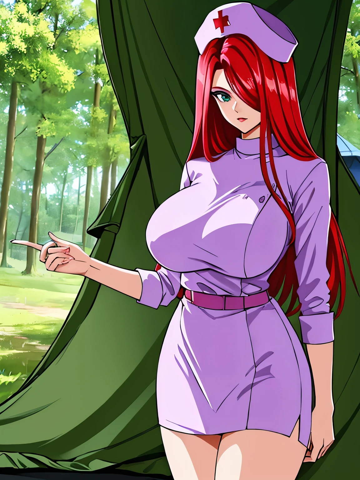 (masterpiece, Highest quality:1.2, 8k, Ultra-high resolution), (One person), Ruka, YuYu Hakusho characters, (red:1.15, Straight Long Hair:1.1, long bangs), (Ultra Slim Waist, perfect slim model body style), ((purple outfits, nurse hat, nurse uniform, nurse outfits, short skirt)), (extremely ultra huge breasts, extremely ultra huge cleavages, extremely ultra huge boob, extremely ultra huge tits), Detailed face, (Detailed eyes, Beautiful Eyes, fine eyes, Perfect Eyes), Ultra-realistic & Highly detailed skin texture, ((indoors, inside camping tent, forest)), (standing, in camping tent), evil smile, 