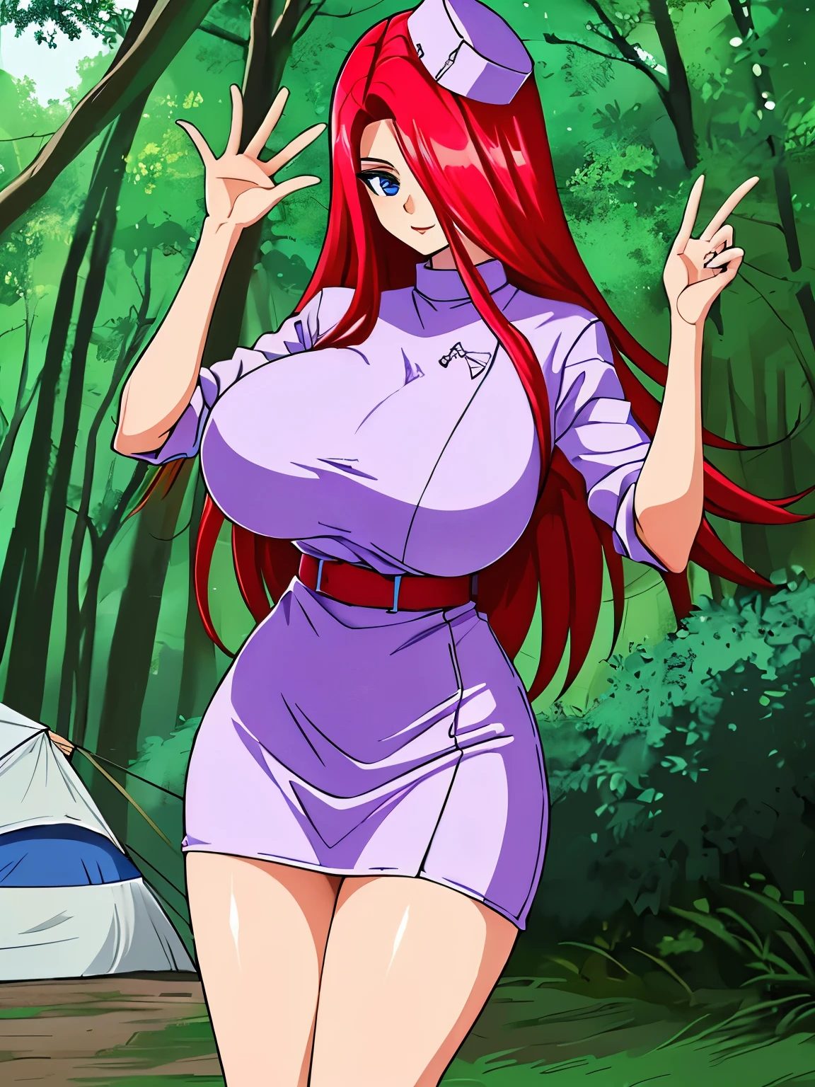 (masterpiece, Highest quality:1.2, 8k, Ultra-high resolution), (One person), Ruka, YuYu Hakusho characters, (red:1.15, Straight Long Hair:1.1, long bangs), (Ultra Slim Waist, perfect slim model body style), ((purple outfits, nurse hat, nurse uniform, nurse outfits, short skirt)), (extremely ultra huge breasts, extremely ultra huge cleavages, extremely ultra huge boob, extremely ultra huge tits), Detailed face, (Detailed eyes, Beautiful Eyes, fine eyes, Perfect Eyes), Ultra-realistic & Highly detailed skin texture, ((indoors, inside camping tent, forest)), (standing, in camping tent), evil smile, 