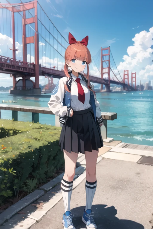 kyoko \(rcg\), letterman jacket, white shirt, red necktie, pleated skirt, kneehighs, blue sneakers, looking at viewer, serious, smiling,
standing, outside, city, bridge, ocean, blue sky, extreme detail, masterpiece,  