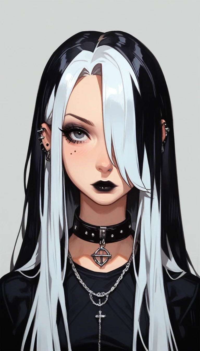 score_9, score_8_above, score_7_above, gothic girl, gothic girl 1girl 1girl, Alone, long hair, looking at the viewer,  simple background ,  black hair , jewelry,  white hair ,  Multicolored hair , choker,  black eyes , gray background, collar, (hair over one eye), two-tone hair, cruz, portrait, UHD, Retina, masterpiece, Accurate, anatomically correct, textured skin, Super detail, high details,  high quality ,  award winning , best quality, highres, 1080P, HD, 16K