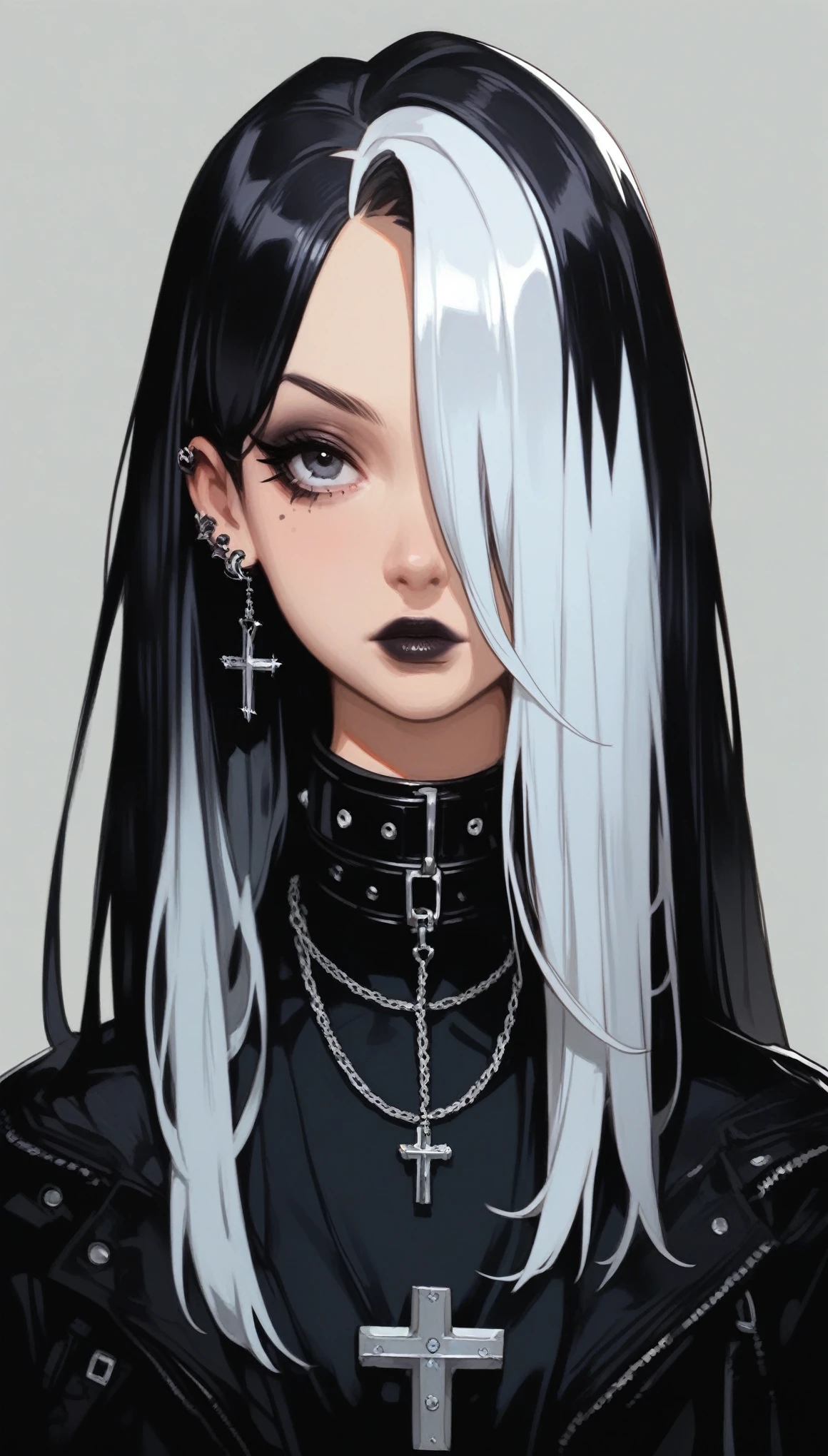 score_9, score_8_above, score_7_above, gothic girl, gothic girl 1girl 1girl, Alone, long hair, looking at the viewer,  simple background ,  black hair , jewelry,  white hair ,  Multicolored hair , choker,  black eyes , gray background, collar, (hair over one eye), two-tone hair, cruz, portrait, UHD, Retina, masterpiece, Accurate, anatomically correct, textured skin, Super detail, high details,  high quality ,  award winning , best quality, highres, 1080P, HD, 16K