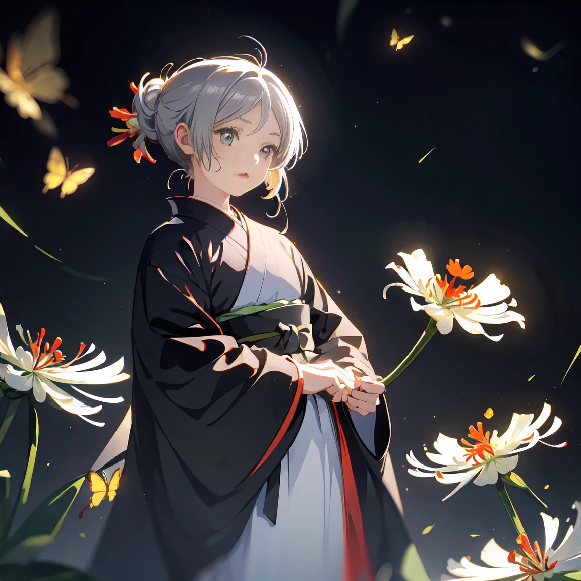 masterpiece, Best Quality , Kampala ,  Details, Illustration, (  black background:1.2),  Ray Tracing, knight , (:1.2), (Spider Lily:1.2), butterfly , petal, Particles of light,  cowboy shot,  1 girl, Alone,  Holding Flowers , ( colorful kimono:1.2), Grey Hair, Urgent 1