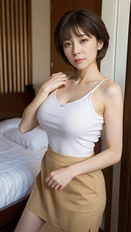 (a portrait with sharp focus and crisp quality, highlighting the subject's facial features), (from front, full body, look at viewer), A picture from below the knee to the head:1.4、One 40-year-old woman、 realistic facial wrinkles:1.2、Angry Face:1.2、Elegant pixie cut hair 、 tank top shirt 、Maxi length tight skirt、I'm angry that my broad pelvis and big breasts 、Open bedroom door 、 finely depicted eyes 、 anatomically correct hand、Bright lighting、正面からの照明、