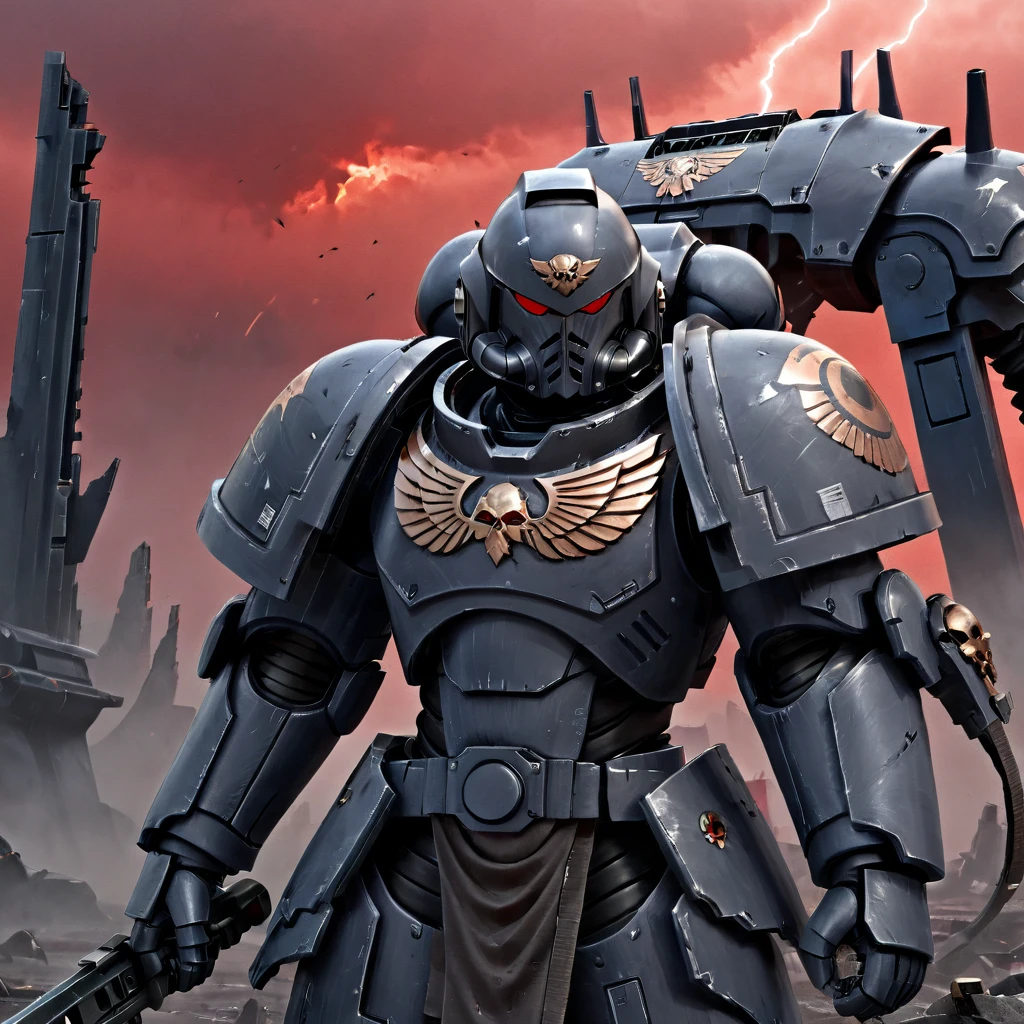 A heavily armored futuristic warrior in a dark, battle-scarred exoskeleton suit, standing in a bleak, war-torn alien landscape. The armor is massive and intimidating, with intricate engravings, reinforced plates, and glowing eyes through the helmet visor. Shoulder pads and chest plating feature large insignias, and the figure holds a powerful, oversized weapon glowing with a faint energy. In the background, towering, ruined structures and distant fires give an impression of a vast battlefield under a stormy, blood-red sky. Light mist swirls around the warrior's feet, and distant thunderclouds suggest the aftermath of a brutal conflict.