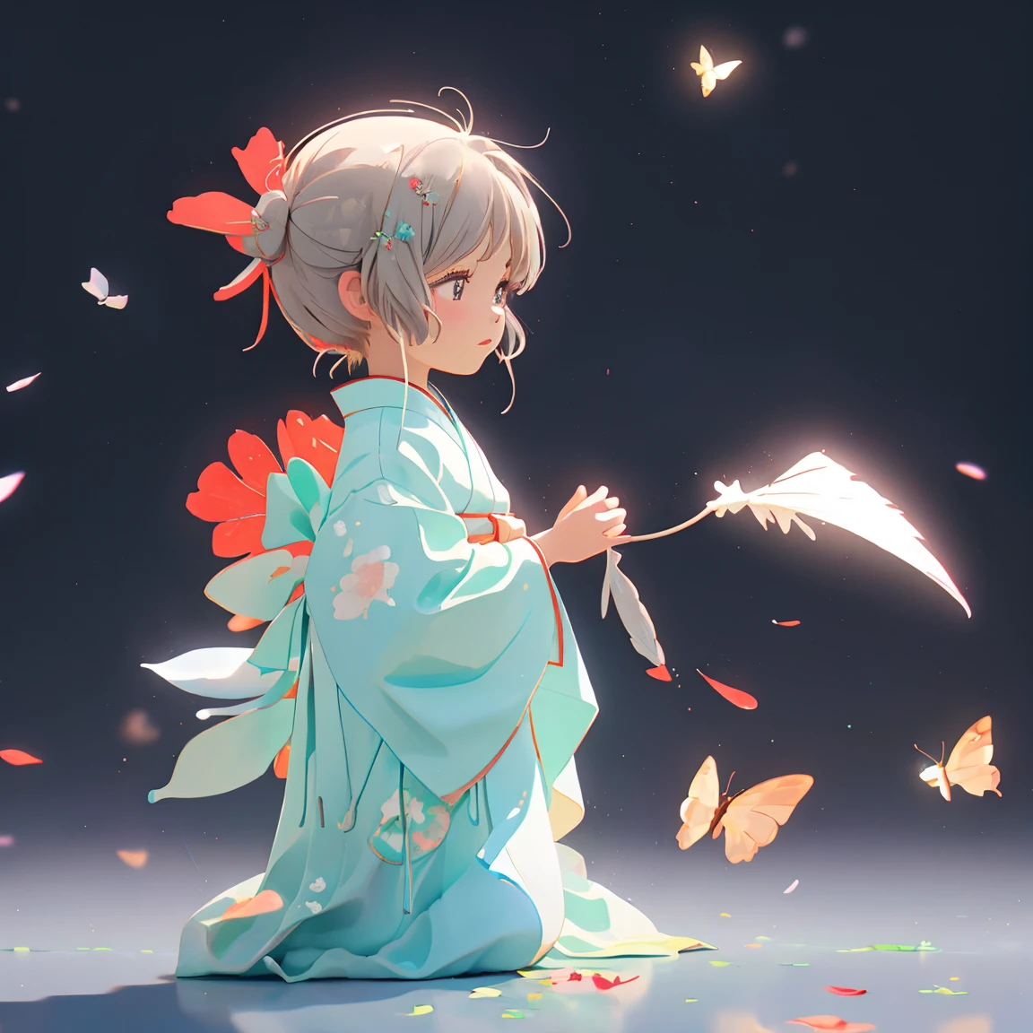 masterpiece, Best Quality , Kampala ,  Details, Illustration, (  black background:1.2),  Ray Tracing, knight , (:1.2), (Spider Lily:1.2), butterfly , petal, Particles of light,  cowboy shot,  1 girl, Alone,  Holding Flowers , ( colorful kimono:1.2), Grey Hair, Urgent 1