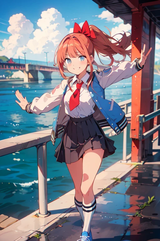 kyoko \(rcg\), letterman jacket, white shirt, red necktie, pleated skirt, kneehighs, blue sneakers, looking at viewer, serious, smiling,
standing, outside, city, bridge, ocean, blue sky, extreme detail, masterpiece,  in a dynamic pose, dando una patada en el aire.