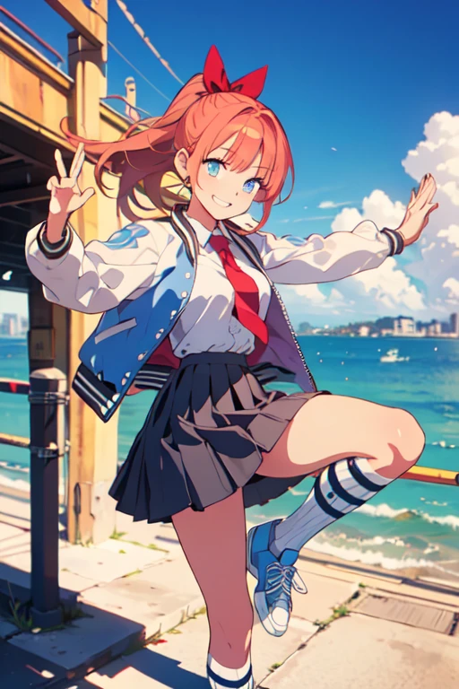 kyoko \(rcg\), letterman jacket, white shirt, red necktie, pleated skirt, kneehighs, blue sneakers, looking at viewer, serious, smiling,
standing, outside, city, bridge, ocean, blue sky, extreme detail, masterpiece,  in a dynamic pose, dando una patada en el aire.