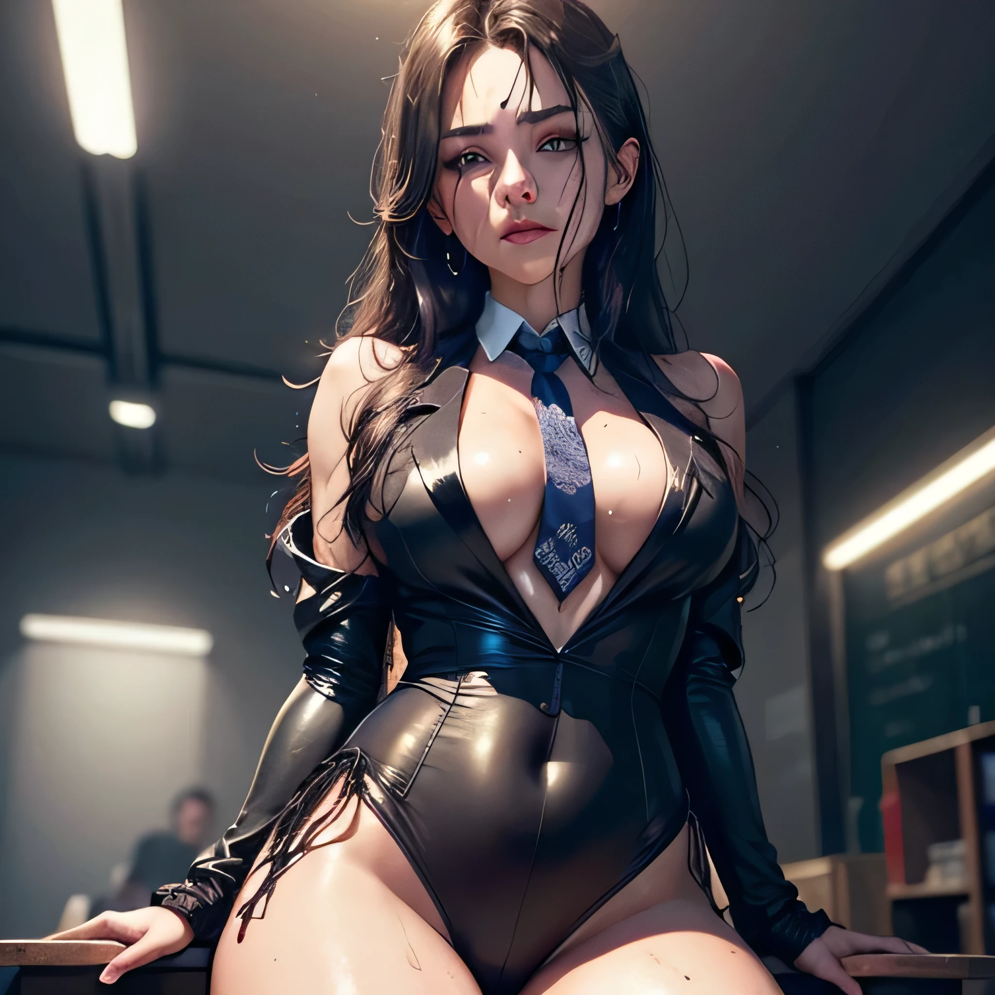 a sexy girl, sweat dripping between her legs, disheveled hair, detailed facial features, intricate clothing, dramatic lighting, cinematic composition, vibrant colors, hyper-realistic, photorealistic, 8k, best quality, masterpiece，Wearing a suit，school students