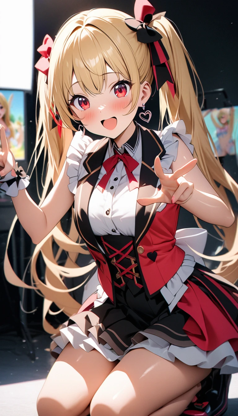 High quality RAW color photo、プロフェッショナルなphoto shoot、Cinematic Light、1 person、(( one girl playing pranks)))、blonde、Long Hair、 twin tails、red eyes、 JEWELRY、 earrings、 idol costume、Cute frills、 pastel color 、  Beautiful Thighs、 flared skirt 、(smile:1.5)、((Open your mouth:1.2))、(( random action pose:1.2、My heart feels like it&#39;s going to burst))、(tits)、squat、(  peace sign、 Double Peace、両手で  peace sign:1.1))、Beautiful Skin、shiny skin、Perfect fingers、 Five Fingers、 background blur、 high quality、 surreal、 bright color、(( very detailed、photo shoot))、