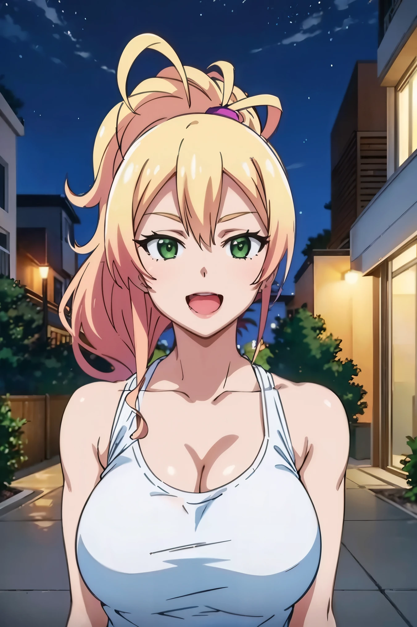 1girl, ((big tits )), cleavage,  slim waist, outdoor, night city, ((busty)), blonde hair, green eyes, ponytail hair, smile, white tank top,  open mouth, view at camera, ((upperbody))