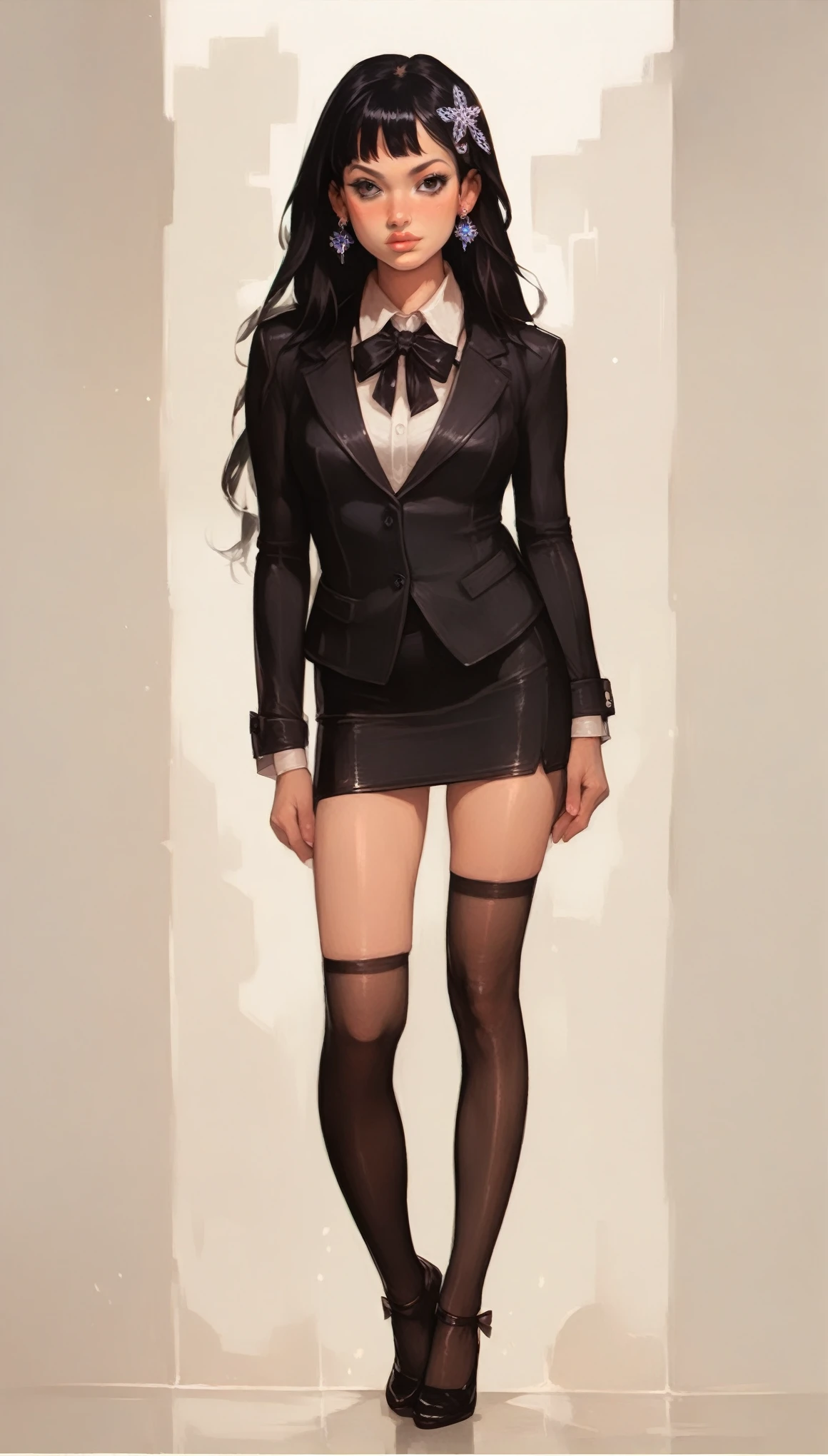 plano general,  full body,  Anatomically Correct, La mejor calidad, ( photorealistic :1.2), 1 girl, Alone,  detailed face,  frontal, Standing,  black hair ,( hair ornament :1.35),office lady, sleeves with cut-out ribbon,  Separate sleeves , trim ribbon, mangas anchas, (looking at the viewer:1.5) long hair,  black eyes , blows, Lips,