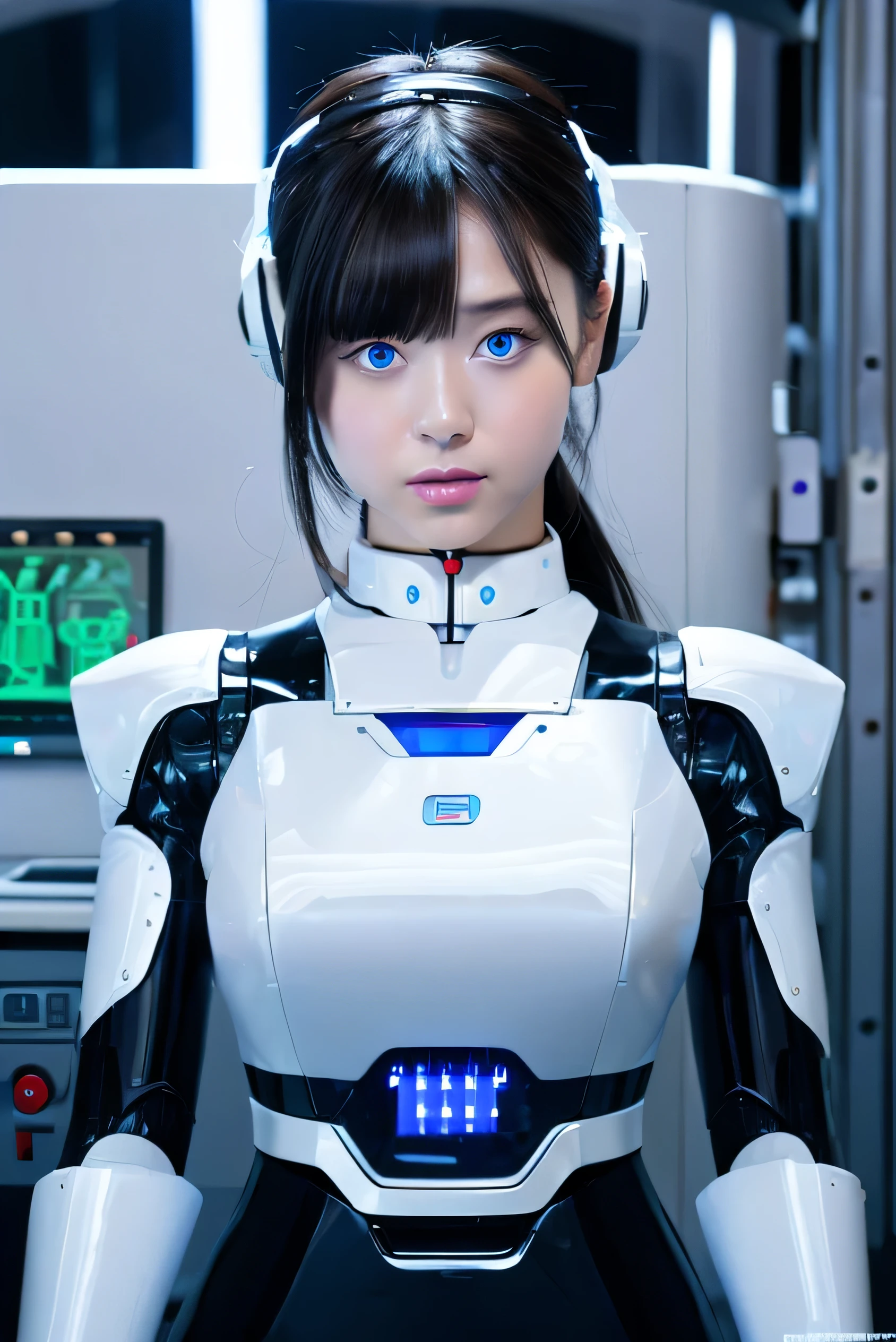 masterpiece, Best Quality, Extremely detailed, 8K Portrait,Japanese android girl,Plump,control panels,android,Droid,Mechanical Hand, ,Robot arms and legs, Black hair,Mechanical body,Blunt bangs,Charging spot,mechanical ear covers,android,robot humanoid,White robot body,mechanical ear covers,White and aqua uniform,aqua accent costume,mittens,blue eyes