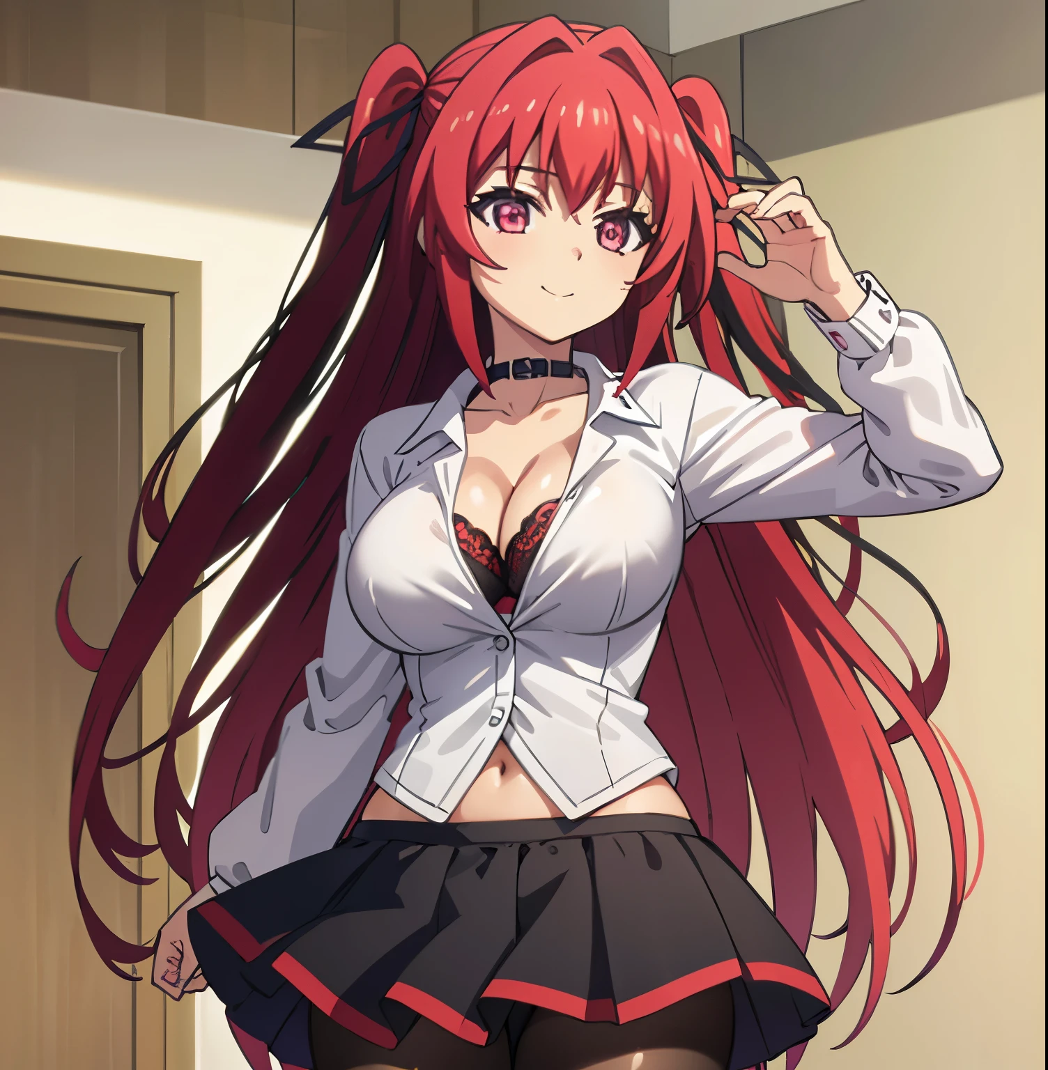 Best quality, 1girl, alone, mio naruse, (hair_down: 1.3), length_hair, Right_hair, white shirt, cleavage, short black skirt, black pantyhose, looking at viewer, open shirt, red bra with black lace, Right, red_hair, eyes red, low cut, seductive, smiling, big breasts, medium waist, wide hips, medium thighs, perfect anatomy, perfect hands