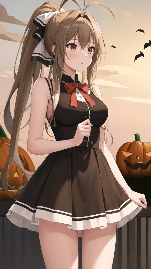 masterpiece, best quality, highres, aaisuzu, 1girl, ponytail, hair bow, brown eyes, halloween Dress, standing, cowboy shot,