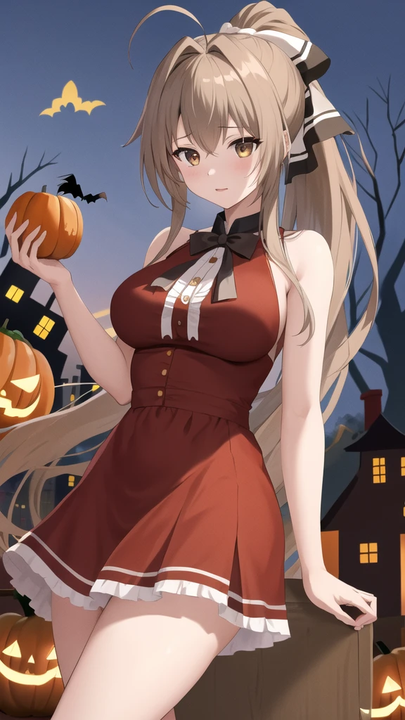 masterpiece, best quality, highres, aaisuzu, 1girl, ponytail, hair bow, brown eyes, halloween Dress, standing, cowboy shot,