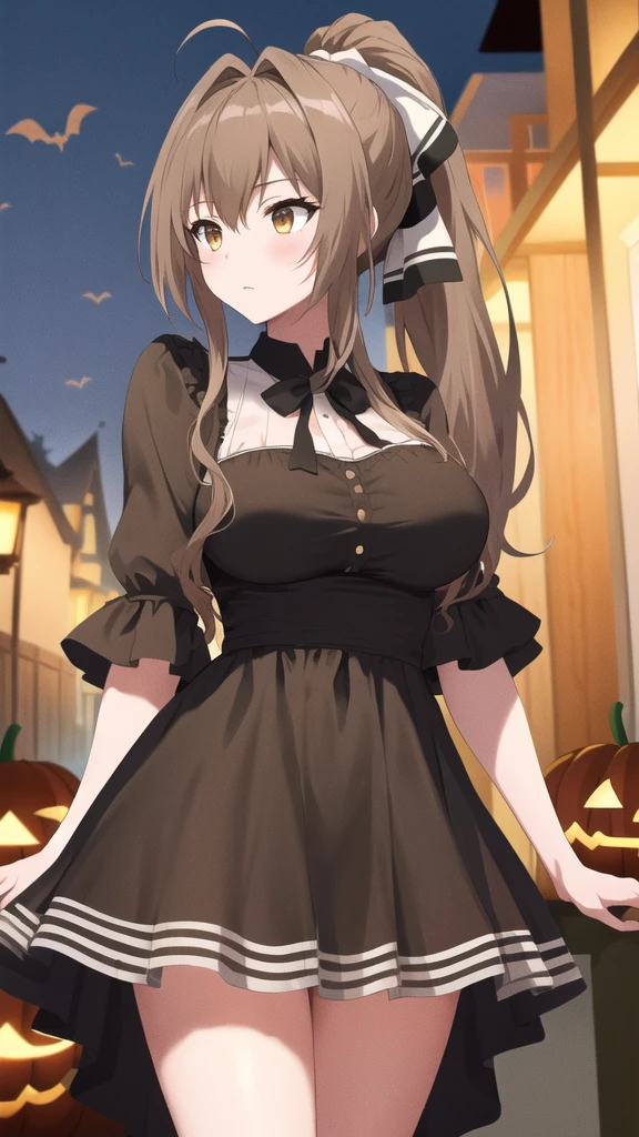 masterpiece, best quality, highres, aaisuzu, 1girl, ponytail, hair bow, brown eyes, halloween Dress, standing, cowboy shot,