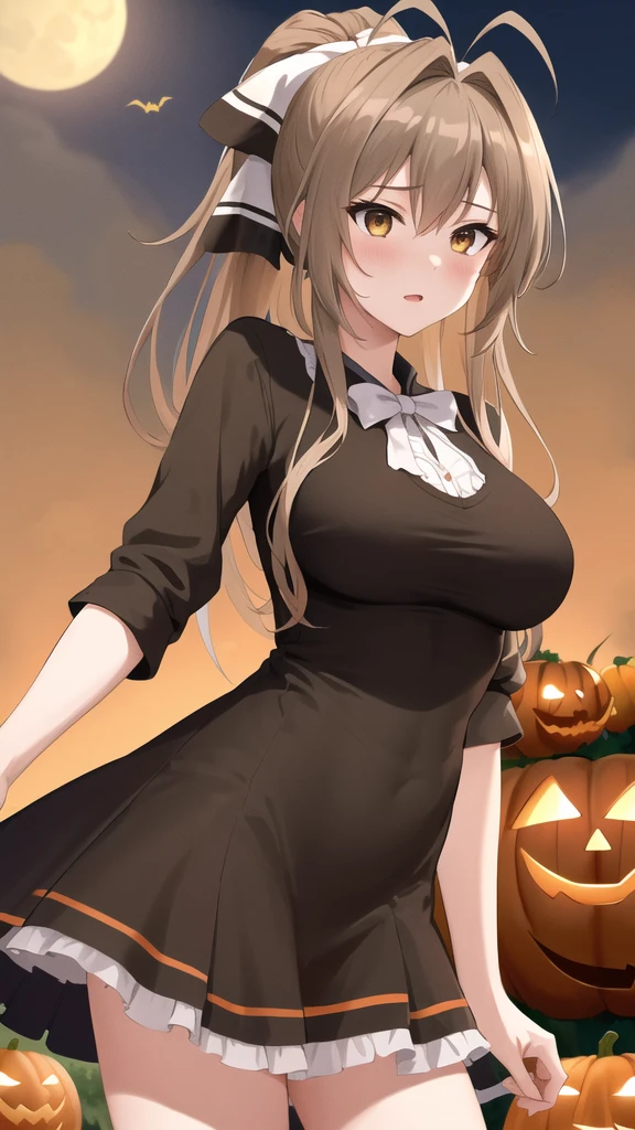 masterpiece, best quality, highres, aaisuzu, 1girl, ponytail, hair bow, brown eyes, halloween Dress, standing, cowboy shot,