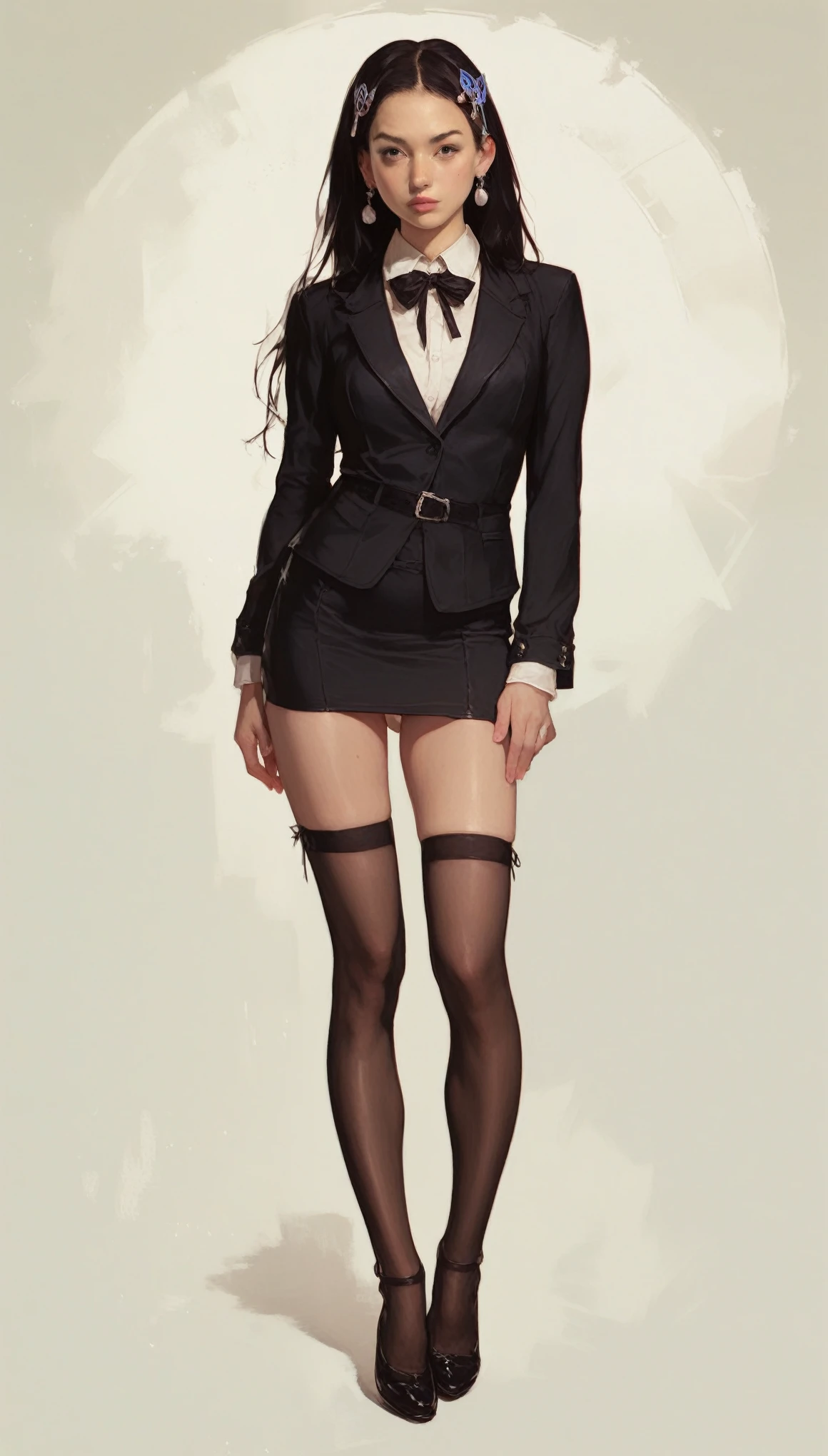 plano general, full body, Anatomically Correct, La mejor calidad, ( photorealistic :1.2), 1 girl, Alone, detailed face, frontal, Standing, black hair ,( hair ornament :1.35),office lady, sleeves with cut-out ribbon, Separate sleeves , trim ribbon, mangas anchas, (looking at the viewer:1.5) long hair, black eyes , blows, Lips,