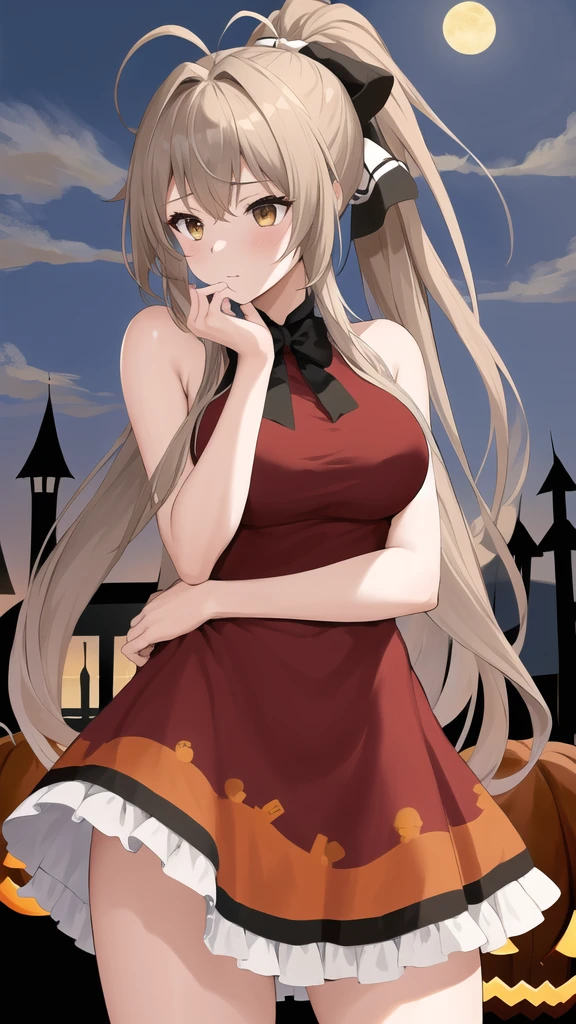 masterpiece, best quality, highres, aaisuzu, 1girl, ponytail, hair bow, brown eyes, halloween Dress, standing, cowboy shot,