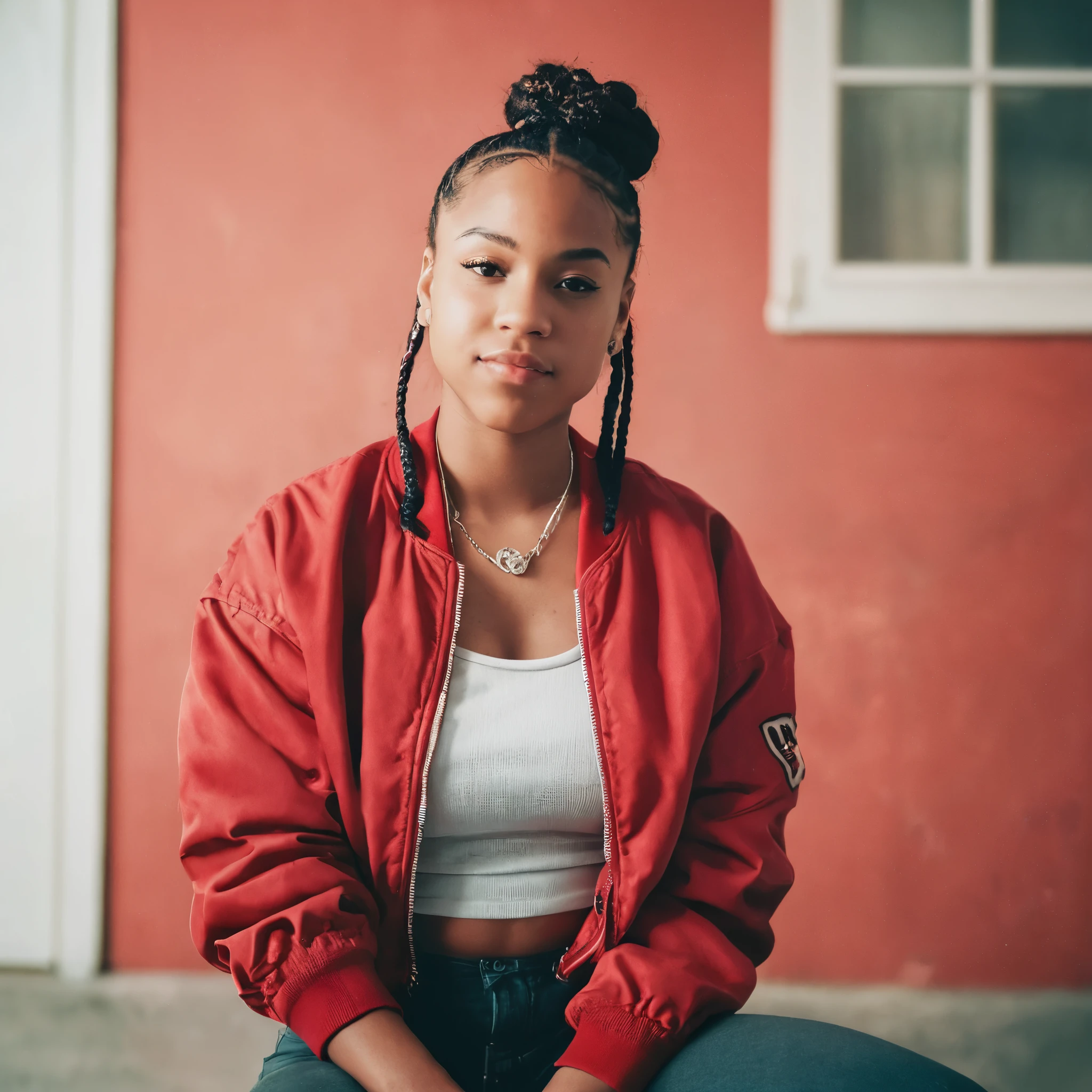 [A young black woman with ((light skin)) and Single braid, posing in a red bomber, black jeans, transparent tanktop, sneakers, appearing relaxed and slightly playful], [Casual portrait photography,  with a slightly vintage oltered aesthetic ], [Similar color grading and casual feel to some of the work found on Instagram and TikTok], [Soft, natural lighting, possibly indoor.  Slightly desaturated colors with a warm tone.  The background is blurred and indistinct, focusing attention on the subject.  A filter has been applied, giving a slightly dreamy or nostalgic feel. The image has a slightly grainy texture.  The overall mood is carefree and summery.]Looking at viewer, Jewelry, Wide Shot, From Below, From Outside, 