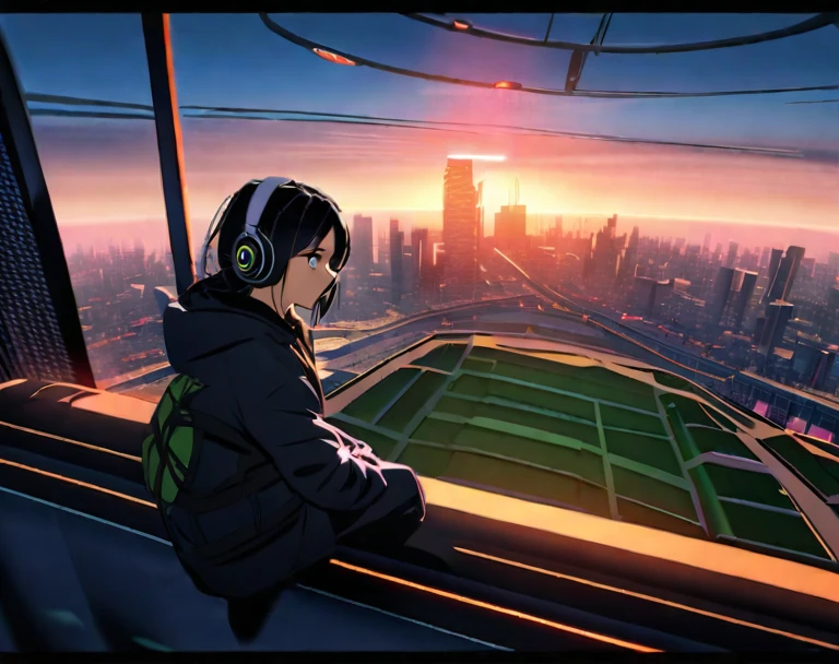 Alita Battle Angel sitting in a field, lost in thought with headphones on, within a Pixar 3D setting. The background is vibrant with cyberpunk cartoon cityscapes, and a massive space station in flames hovers in the far sky, adding suspense. manga style art, Warm colors enhance her relaxed expression as soft evening light gently casts long shadows. A mix of playful and moody atmosphere fills the image. --v 5 --stylize 1000