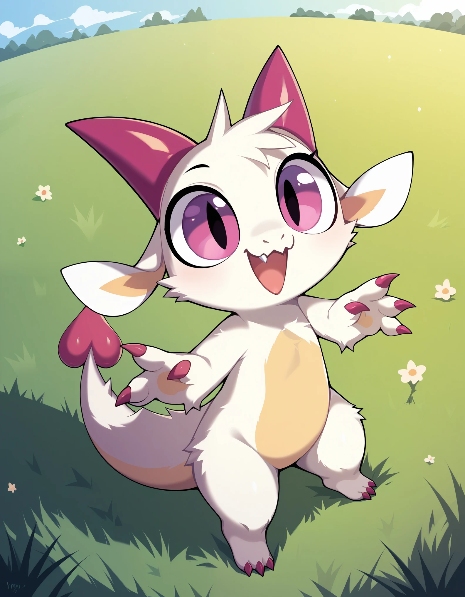 score_9, score_8_up, score_7_up, high detail, detailed background, grassy field, BREAK,
(Fwench fwy, furry dragon, solo, short stature, white fur, peach colored horns, peach colored claws, 3fingers, flat-chested),  open mouth, smile,