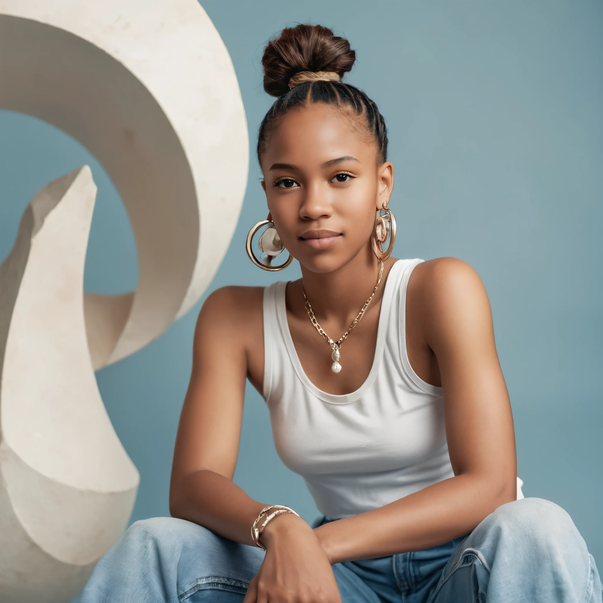 [A young black woman with ((light skin)) and pony tail, posing in a blue jeans, Large 3D earrings that resemble modern sculptures, white tanktop, sneakers, appearing relaxed and slightly playful], [Casual portrait photography,  with a slightly vintage oltered aesthetic ], [Similar color grading and casual feel to some of the work found on Instagram and TikTok], [Soft, natural lighting, possibly indoor.  Slightly desaturated colors with a warm tone.  The background is blurred and indistinct, focusing attention on the subject.  A filter has been applied, giving a slightly dreamy or nostalgic feel. The image has a slightly grainy texture.  The overall mood is carefree and summery.]Looking at viewer, Jewelry, Wide Shot, From Below, From Outside, 