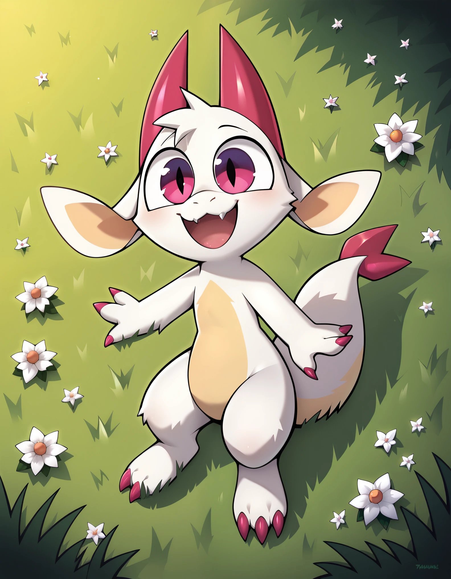 score_9, score_8_up, score_7_up, high detail, detailed background, grassy field, BREAK,
(Fwench fwy, furry dragon, solo, short stature, white fur, peach colored horns, peach colored claws, 3fingers, flat-chested),  open mouth, smile,