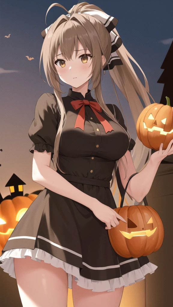 masterpiece, best quality, highres, aaisuzu, 1girl, ponytail, hair bow, brown eyes, halloween Dress, standing, cowboy shot,