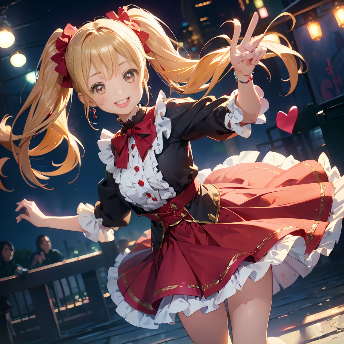 High quality RAW color photo、プロフェッショナルなphoto shoot、Cinematic Light、1 person、(( one girl playing pranks)))、blonde、Long Hair、 twin tails、red eyes、 JEWELRY、 earrings、 idol costume、Cute frills、 pastel color 、  Beautiful Thighs、 flared skirt 、(smile:1.5)、((Open your mouth:1.2))、(( random action pose:1.2、My heart feels like it&#39;s going to burst))、(tits)、squat、(  peace sign、 Double Peace、両手で  peace sign:1.1))、Beautiful Skin、shiny skin、Perfect fingers、 Five Fingers、 background blur、 high quality、 surreal、 bright color、(( very detailed、photo shoot))、