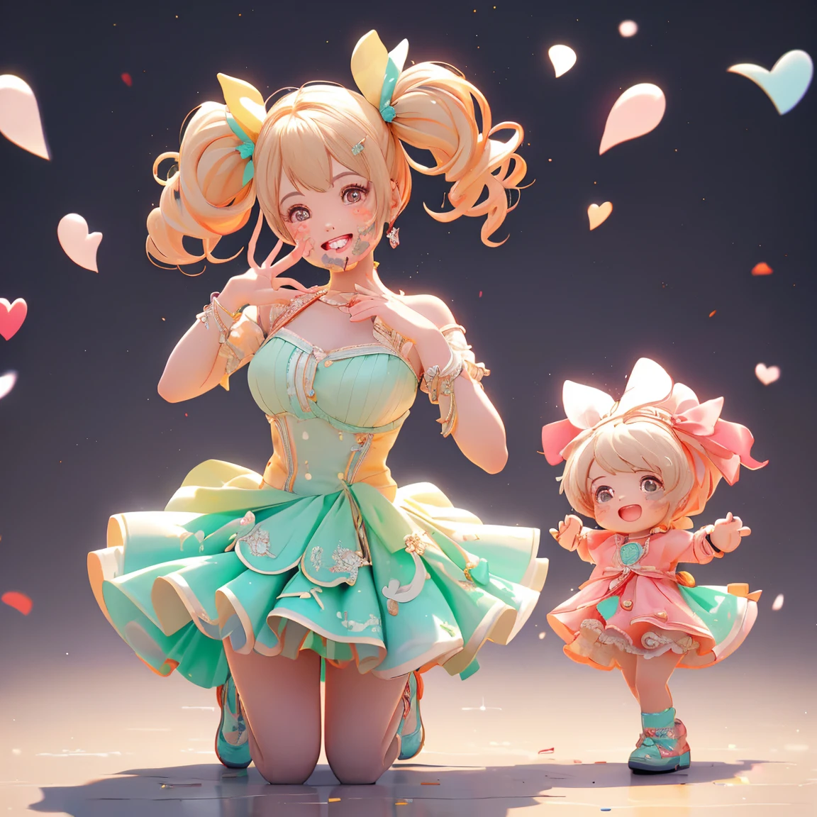 High quality RAW color photo、プロフェッショナルなphoto shoot、Cinematic Light、1 person、(( one girl playing pranks)))、blonde、Long Hair、 twin tails、red eyes、 JEWELRY、 earrings、 idol costume、Cute frills、 pastel color 、  Beautiful Thighs、 flared skirt 、(smile:1.5)、((Open your mouth:1.2))、(( random action pose:1.2、My heart feels like it&#39;s going to burst))、(tits)、squat、(  peace sign、 Double Peace、両手で  peace sign:1.1))、Beautiful Skin、shiny skin、Perfect fingers、 Five Fingers、 background blur、 high quality、 surreal、 bright color、(( very detailed、photo shoot))、