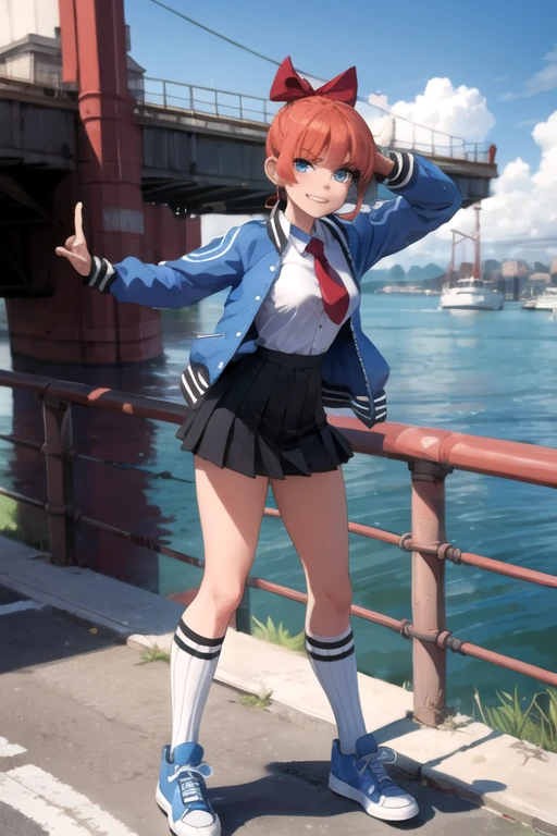 kyoko \(rcg\), letterman jacket, white shirt, red necktie, pleated skirt, kneehighs, blue sneakers, looking at viewer, serious, smiling,
standing, outside, city, bridge, ocean, blue sky, extreme detail, masterpiece,  in a dynamic pose, dando una patada en el aire.