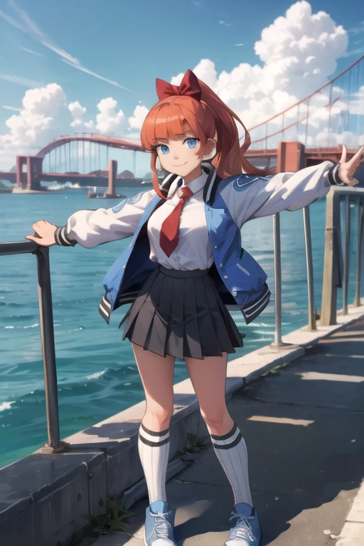 kyoko \(rcg\), letterman jacket, white shirt, red necktie, pleated skirt, kneehighs, blue sneakers, looking at viewer, serious, smiling,
standing, outside, city, bridge, ocean, blue sky, extreme detail, masterpiece,  in a dynamic pose, dando una patada en el aire.