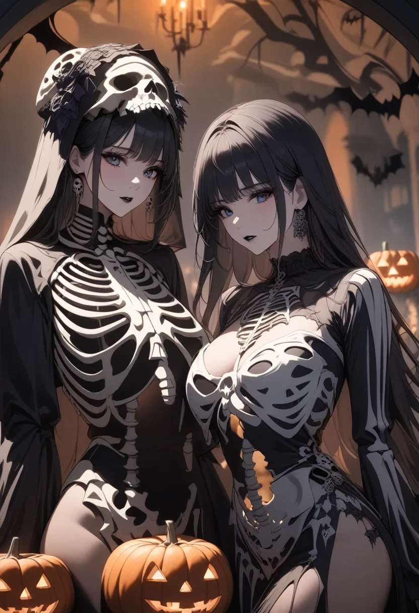 (Art board, Best quality:1.2),  two beautiful girls ,  skeleton costume , Halloween,  fantasy , terror,  cinematic lighting , Dark , جو مterror, وجه مterror, Piercing eyes,  long curly black hair ,  big breasts,  seductive big buttocks ,  intricate costume details ,  skeleton elements , gothic, dramatic pose,  ethereal , Sufi